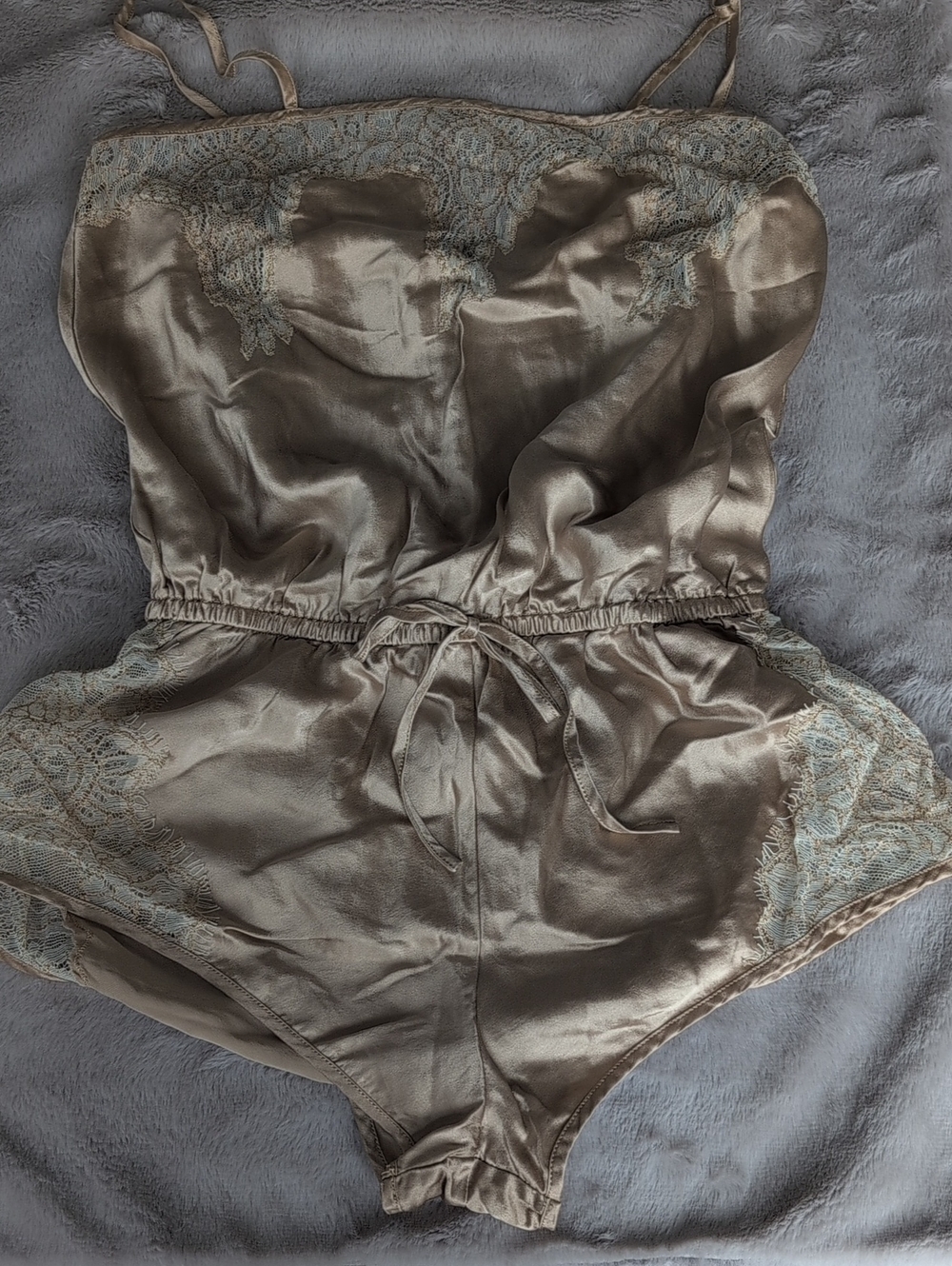 Elegant Lace-Trim Silk Satin Chemise Romper in Taupe